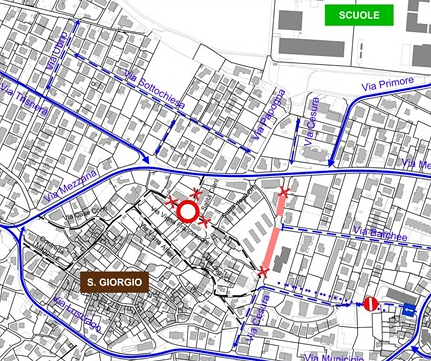 La mappa delle modifiche di circolazione per i lavori in Via Cesura.