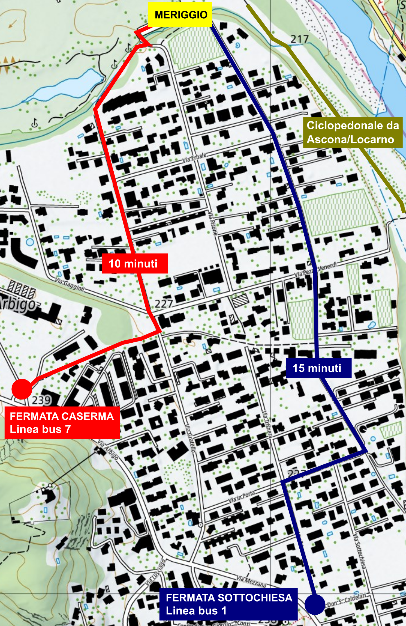 Mappa dei percorsi per raggiungere i bus dalle fermate dei bus e in bici.